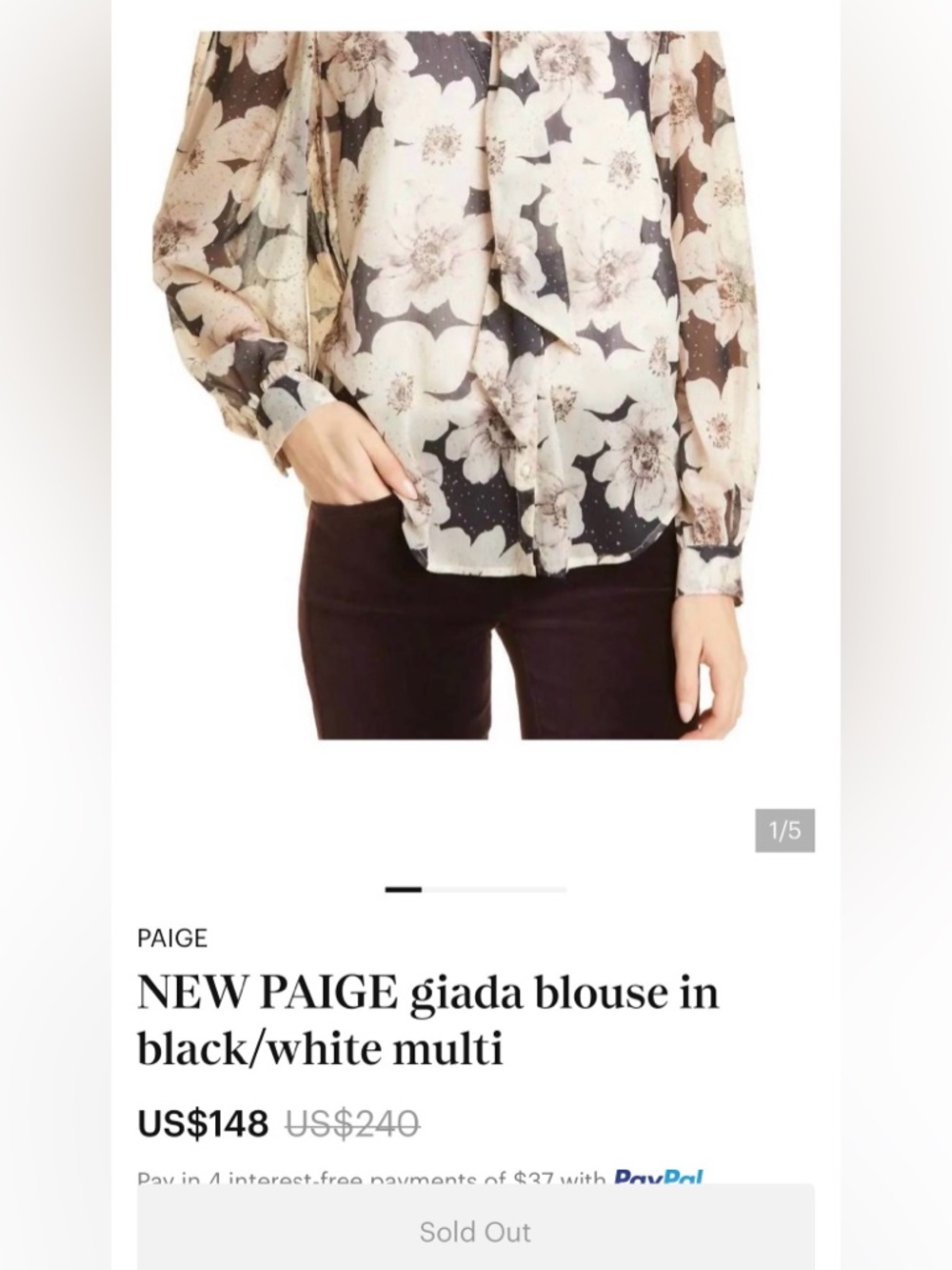 PAIGE Floral Sheer Button-Front Blouse in Black and Cream silk blend